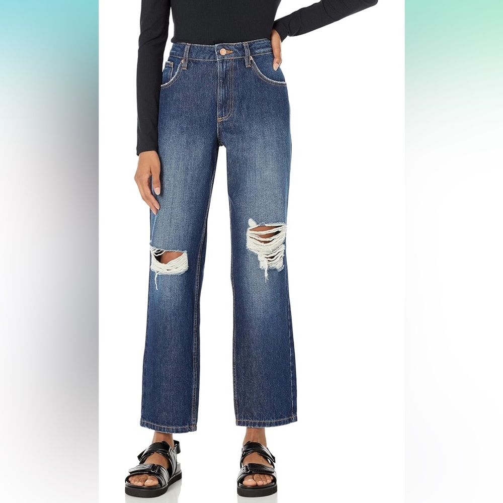 NWT The Drop Women's Luca High Rise Distressed Loose Straight fit, Dark Indigot - Picture 2 of 6